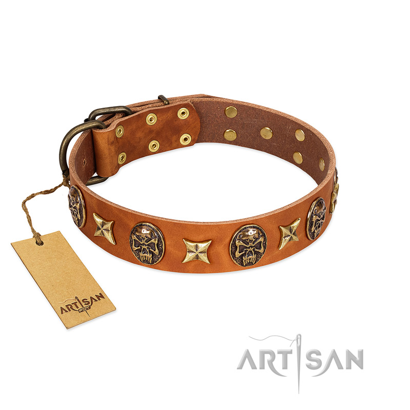(image for) "Rockin' Doggie" FDT Artisan Tan Leather American Bulldog Collar Adorned with Stars and Skulls