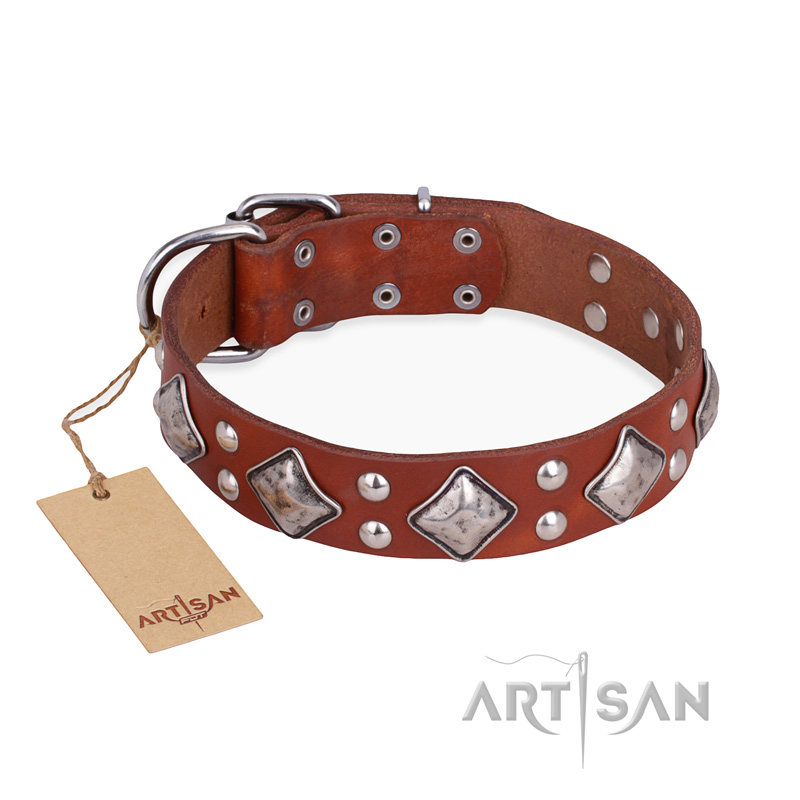 (image for) "Magic Squares" FDT Artisan Tan Leather American Bulldog Collar with Silver-like Decor