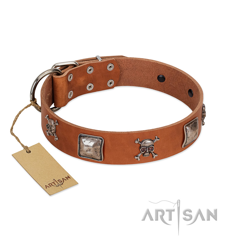 (image for) "Amorous Escapade" Embellished FDT Artisan Tan Leather American Bulldog Collar with Chrome Plated Crossbones and Plates
