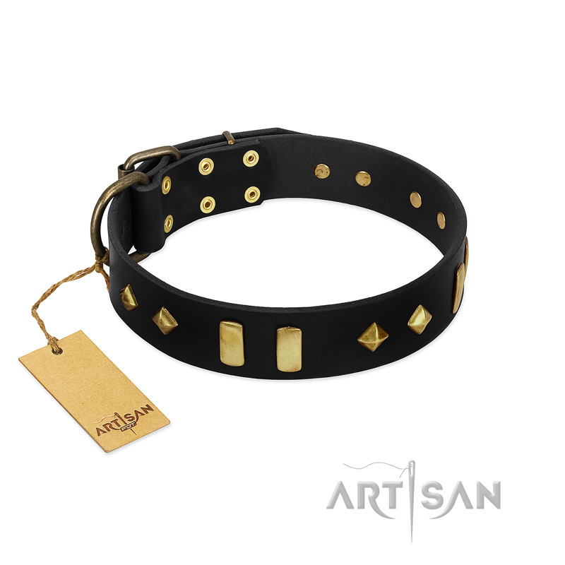 (image for) "De Luxe" FDT Artisan Black Leather American Bulldog Collar with Old Bronze-like Plates and Studs