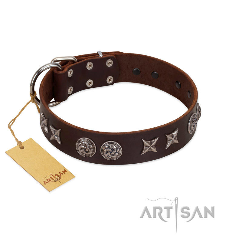 (image for) "Silver Sunset" Designer Handmade FDT Artisan Brown Leather American Bulldog Collar