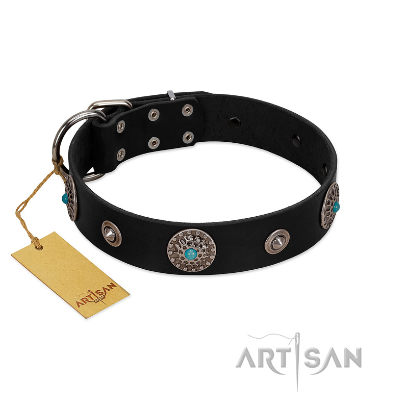 (image for) "Blue Gems" FDT Artisan Black Leather American Bulldog Collar with Chrome Plated Studs and Conchos - Click Image to Close