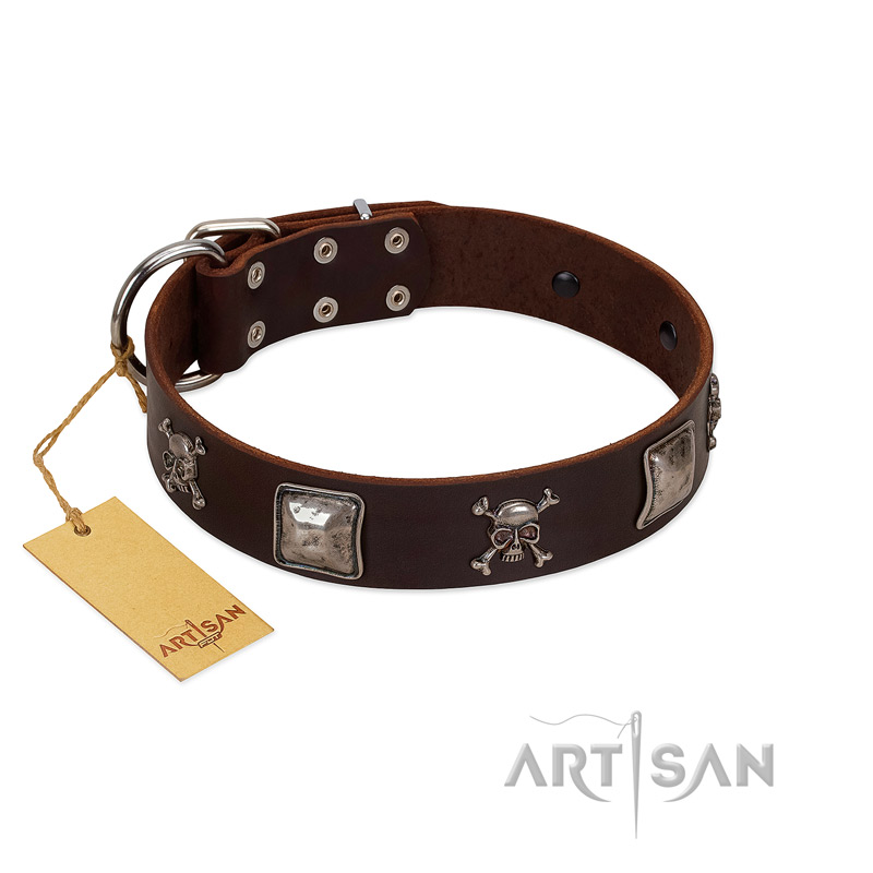 (image for) "Nut-Brown Finery" Embellished FDT Artisan Brown Leather American Bulldog Collar with Chrome Plated Crossbones and Plates