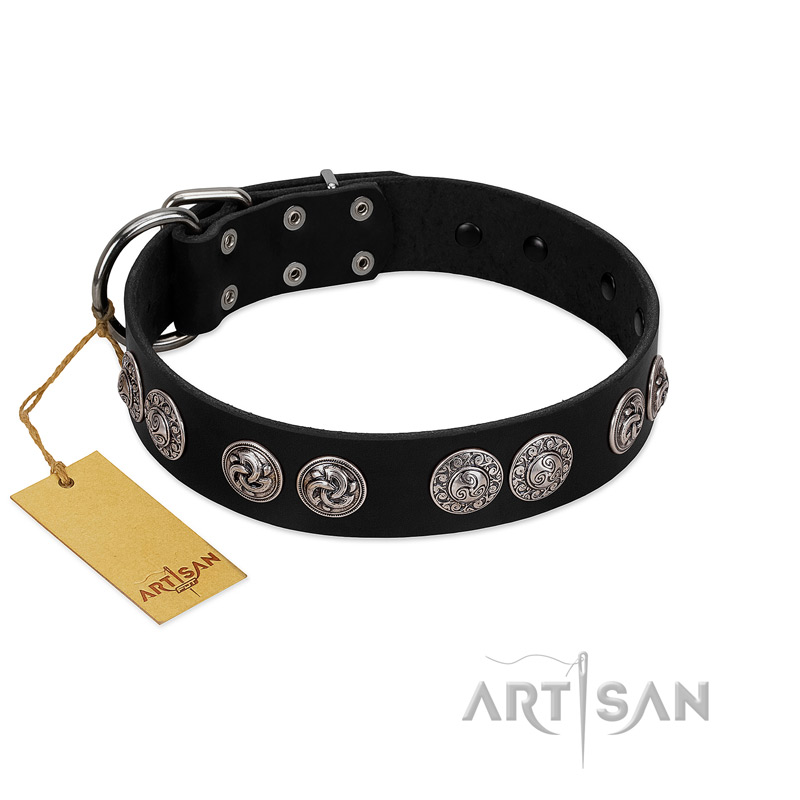 (image for) "Magic Amulete" Handcrafted FDT Artisan Black Leather American Bulldog Collar with Chrome-Plated Shields