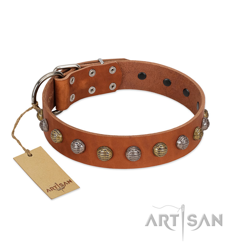 (image for) "Dogue-Vogue" FDT Artisan Tan Leather American Bulldog Collar with Engraved Chrome-plated Studs