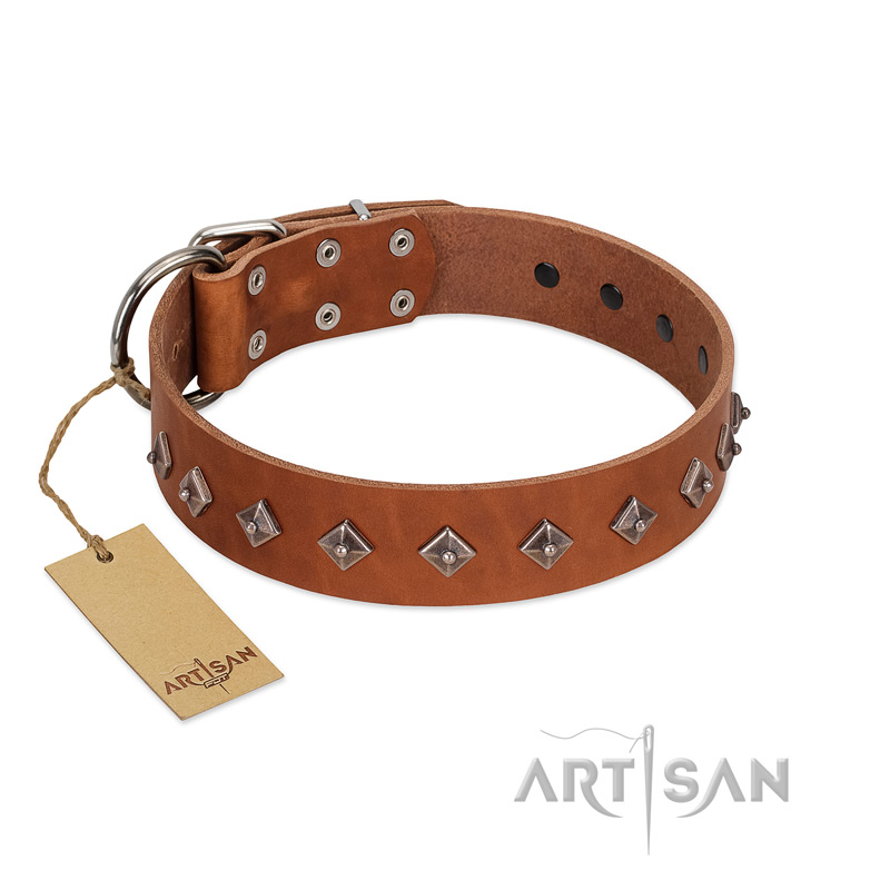 (image for) "Broadway" Handmade FDT Artisan Tan Leather American Bulldog Collar with Dotted Pyramids