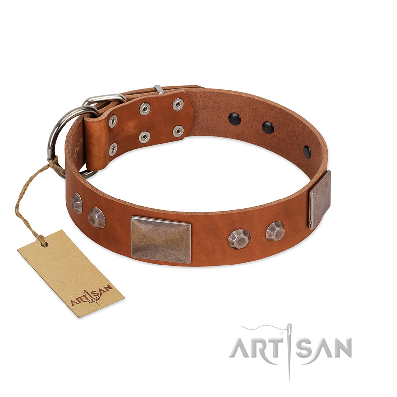 (image for) "Great Obelisk" Handcrafted FDT Artisan Tan Leather American Bulldog Collar with Large Plates and Pyramids