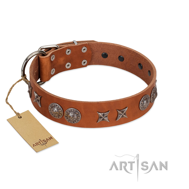 (image for) "Splendid Armor" Premium Quality FDT Artisan Tan Designer American Bulldog Collar with Shields and Stars - Click Image to Close