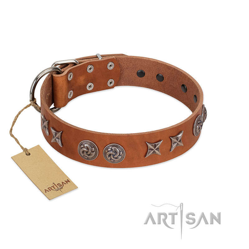 (image for) "Brave Spirit" Handmade FDT Artisan Designer Tan Leather American Bulldog Collar with Shields