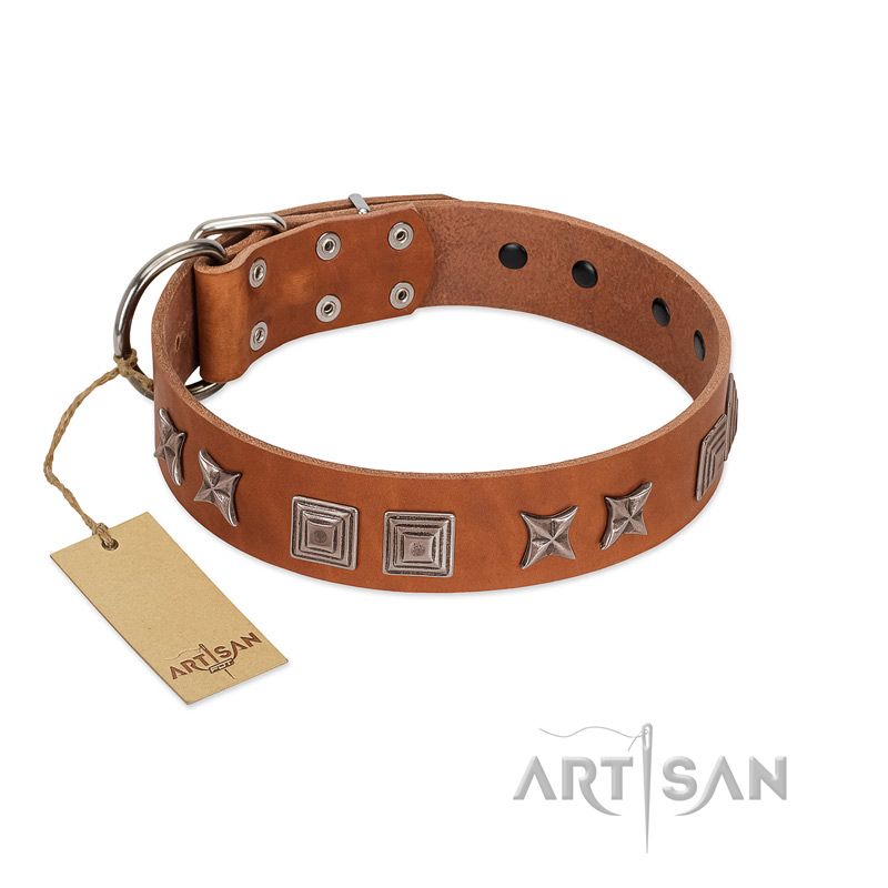 (image for) "Antique Figures" FDT Artisan Tan Leather American Bulldog Collar with Silver-like Engraved Plates